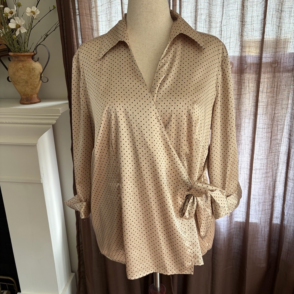 Vintage Satin Polka Dot Wrap Collared Classic Retro Blouse